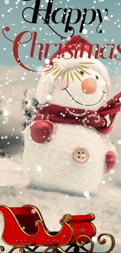 Cheerful snowman with a red scarf in a snowy Christmas setting with sleigh.