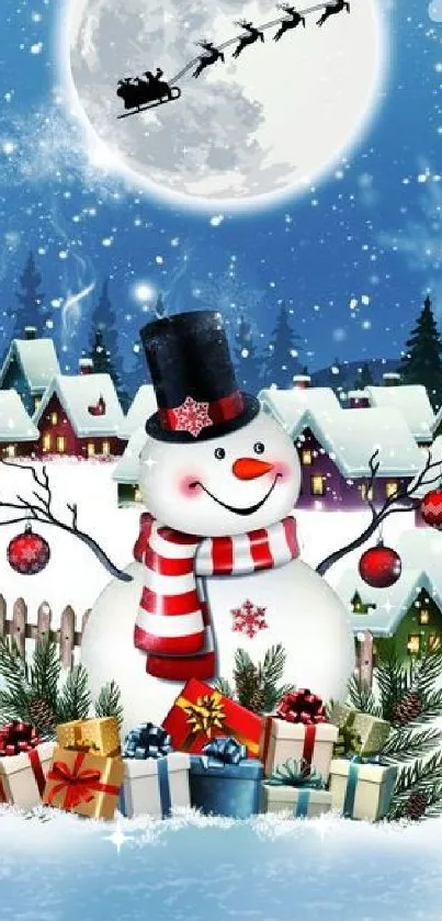 Cheerful snowman with gifts under the moonlight in a winter village setting.