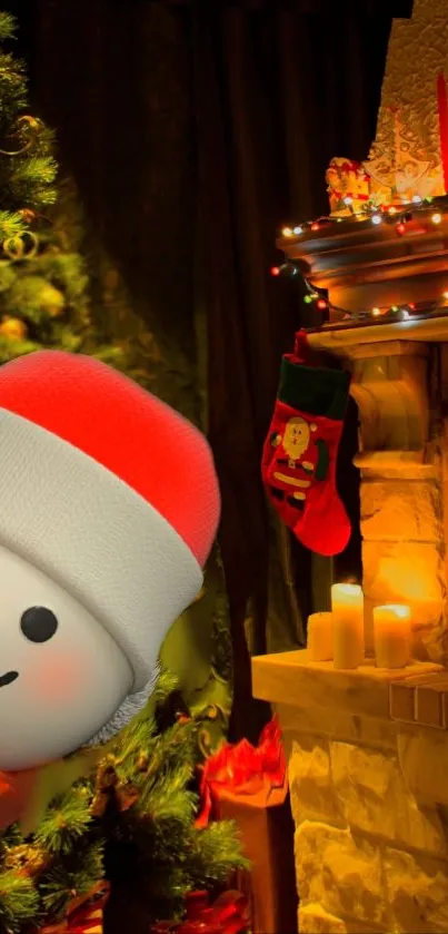 Cozy Christmas wallpaper with snowman and festive decor.