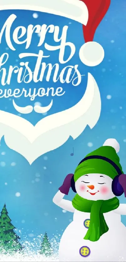 Festive wallpaper with snowman and Merry Christmas text.