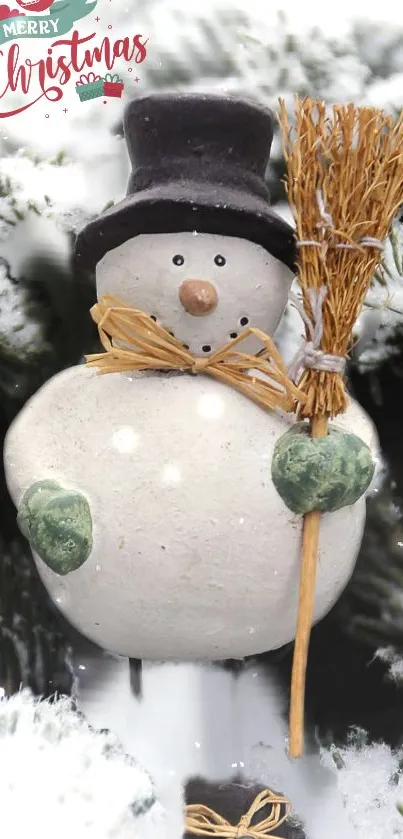 Snowman Christmas wallpaper with snowy tree background.