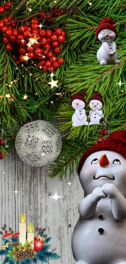 Festive Christmas wallpaper with snowman and decorations.