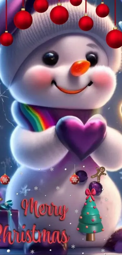 Snowman with heart and Christmas decor in vibrant colors.