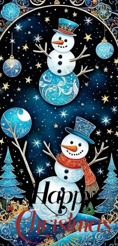 Cheerful snowmen with ornaments on a starry Christmas night.