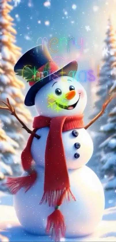 Cheerful snowman with 'Merry Christmas' text in snowy forest.