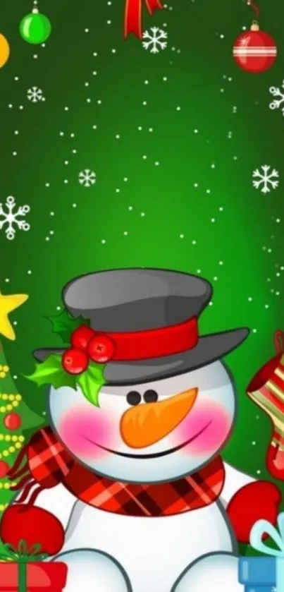 Festive Christmas wallpaper with snowman and decorations.