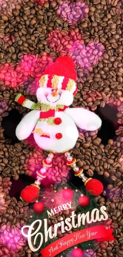 Snowman surrounded by coffee beans wishing Merry Christmas.