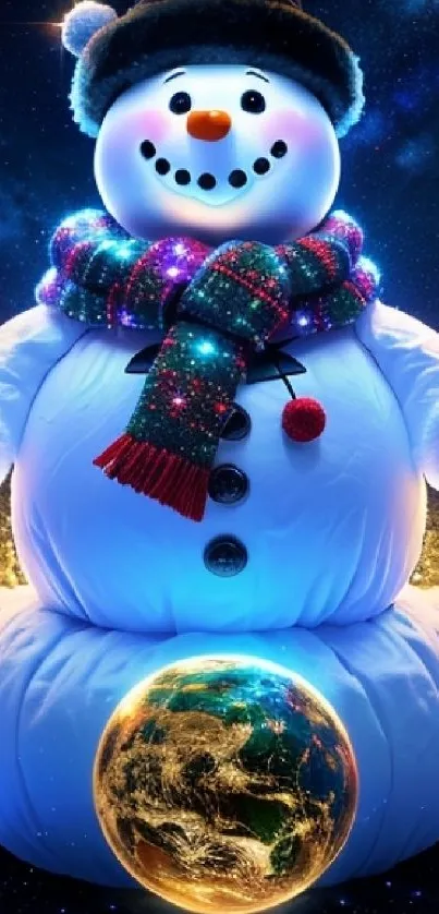 Festive snowman with cosmic galaxy background.