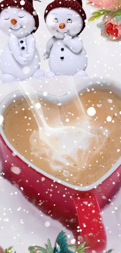 Cute snowmen with heart-shaped mug and snowy background.