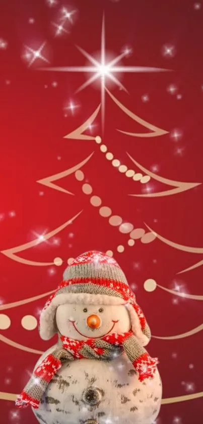 Snowman with hat and scarf on red Christmas tree background.