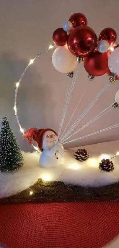 Festive snowman with red and white balloons as mobile wallpaper.