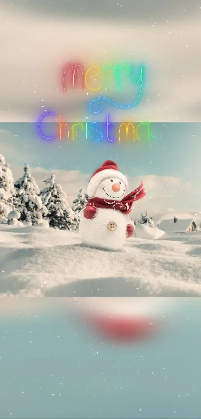 Merry Christmas wallpaper featuring a snowman on a snowy landscape.