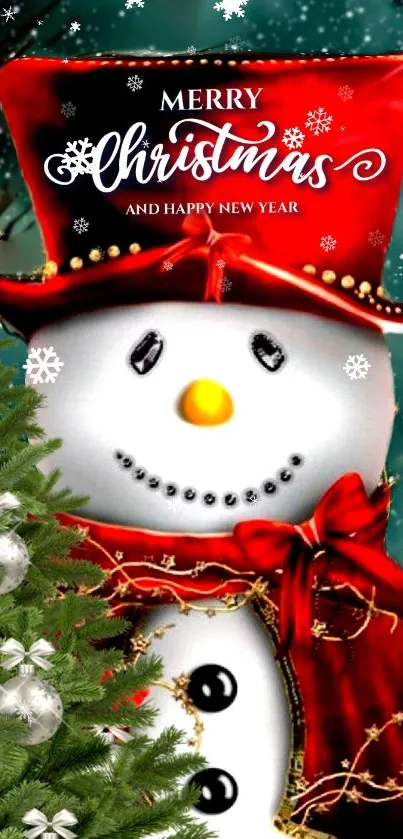 Snowman with red scarf and hat, Christmas background.