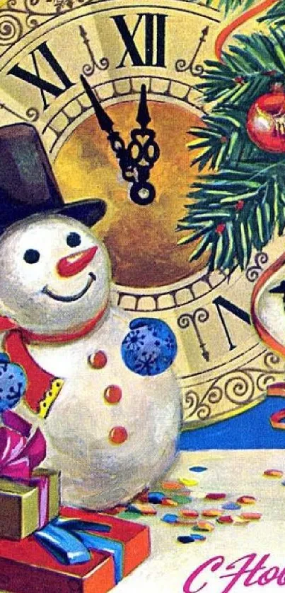 Festive snowman with clock and Christmas decorations on a colorful holiday wallpaper.