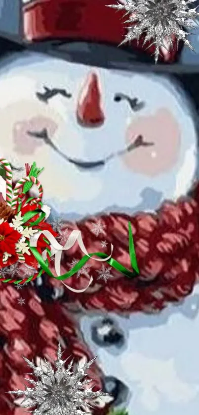 Festive snowman with red scarf and holiday decorations