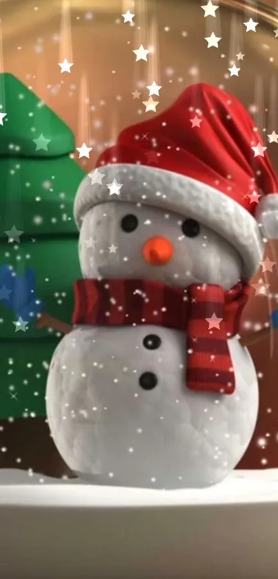 Snowman in red Santa hat with snowflakes falling around.