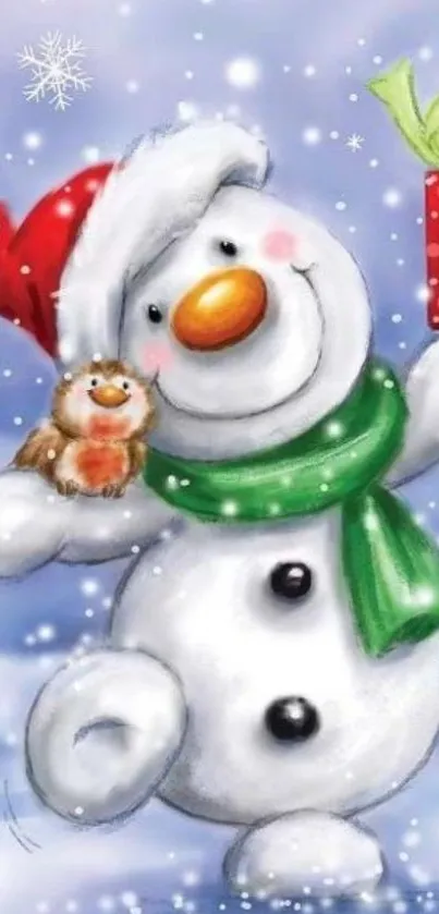 Charming snowman with a gift and festive background.