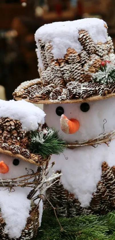 Festive snowman decoration with pine cone hat and greenery on holiday-themed backdrop.