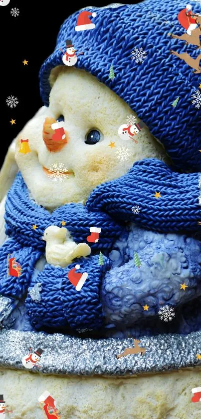 Cheerful snowman in blue knitwear with festive decorations.