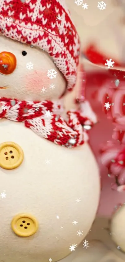 Snowman with red hat and scarf amidst snowflakes.