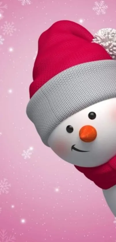 Festive snowman with pink background and snowflakes for mobile wallpaper.