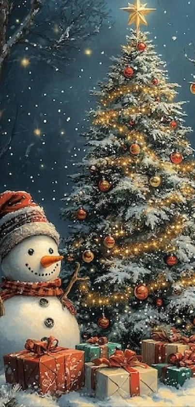 Festive snowman beside a decorated Christmas tree with gifts in a snowy landscape.