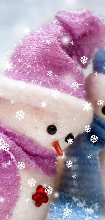 Snowmen in purple and blue scarves with snowflakes