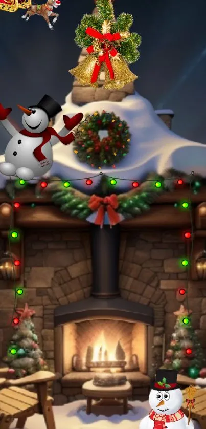 Christmas snowman by the cozy fireplace with festive lights.