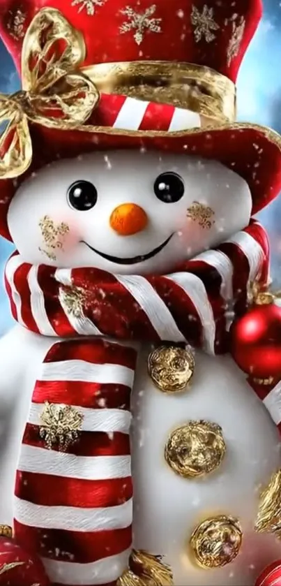 Festive snowman with red hat and scarf in snow.