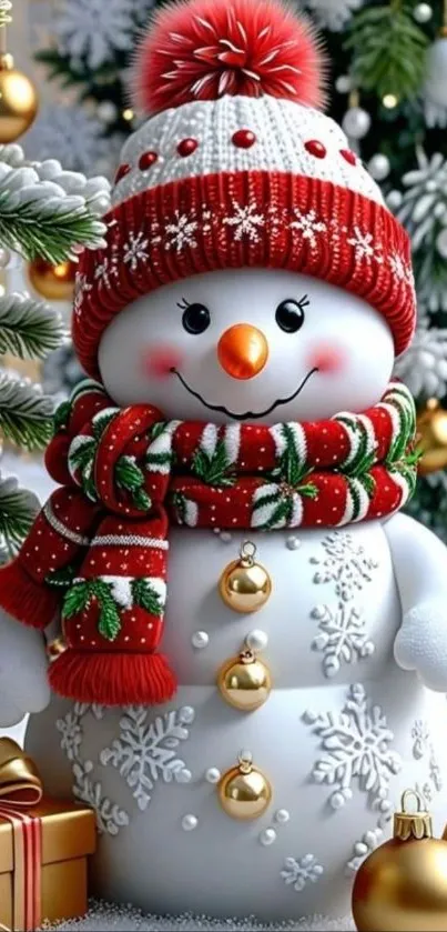 Festive snowman with a hat and scarf surrounded by gifts and ornaments.