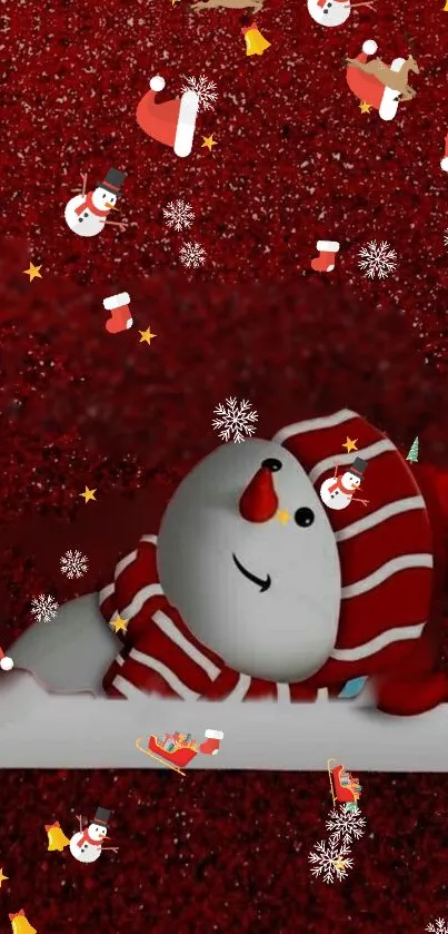 Festive snowman wallpaper against a red glittering background for holidays.