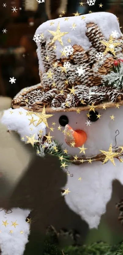 Charming snowman with pinecone hat and stars in festive winter setting.