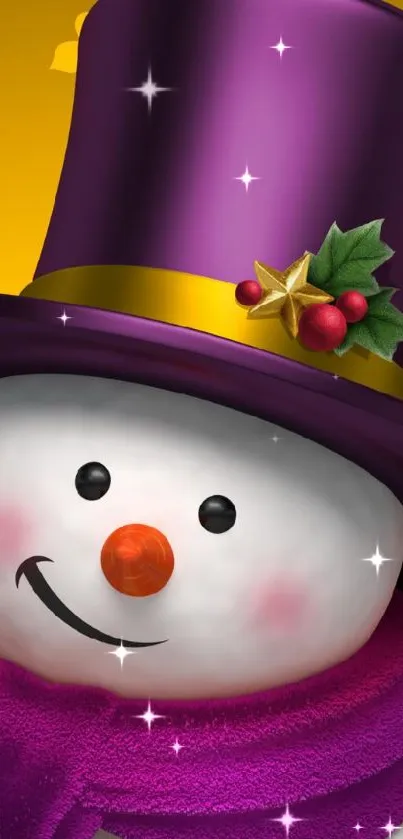 Festive snowman with purple hat on yellow background.