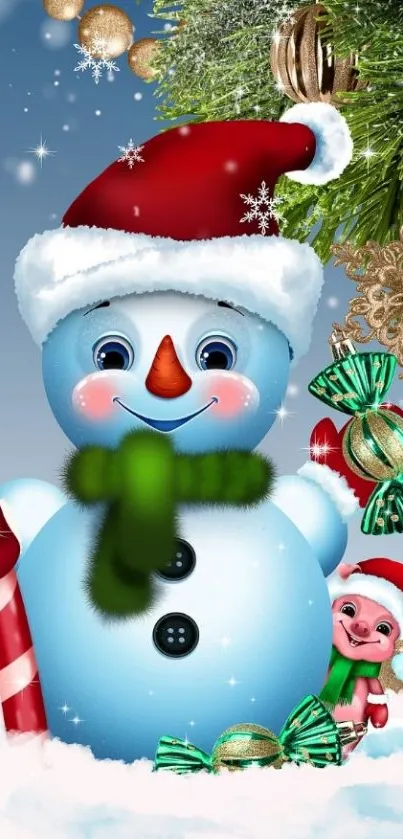 Cheerful snowman with holiday decorations, candy cane, and snowflakes.