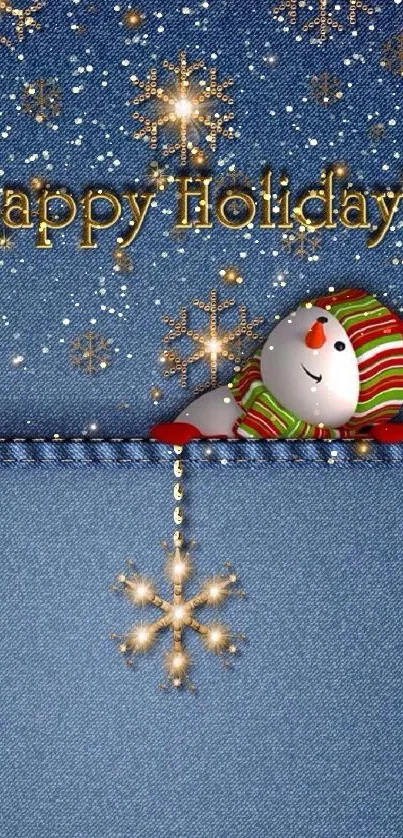 Festive holiday wallpaper with a snowman and denim background.