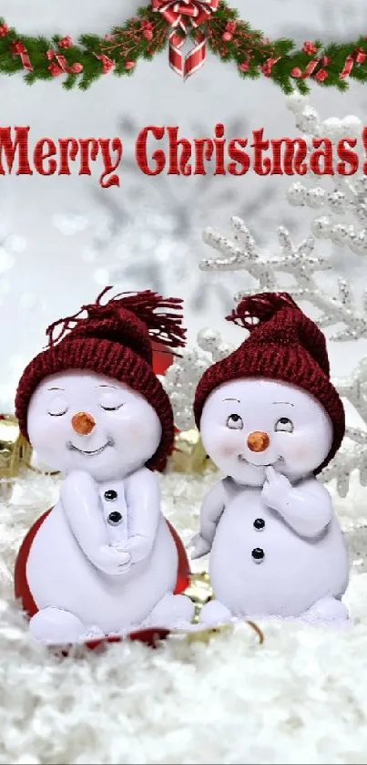 Festive holiday wallpaper with snowmen and Christmas ornaments on snow.