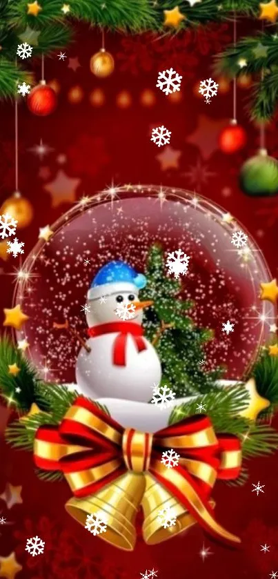 Festive snowman and ornaments wallpaper in vibrant holiday colors.