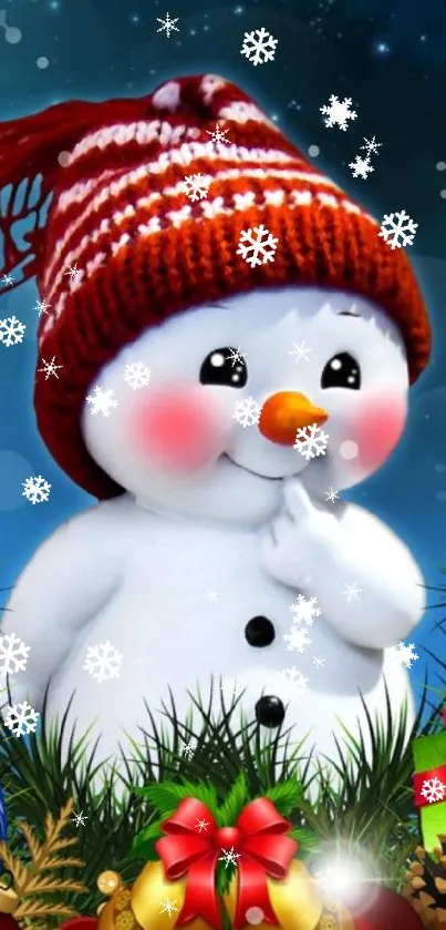 Festive snowman with holiday decor background.