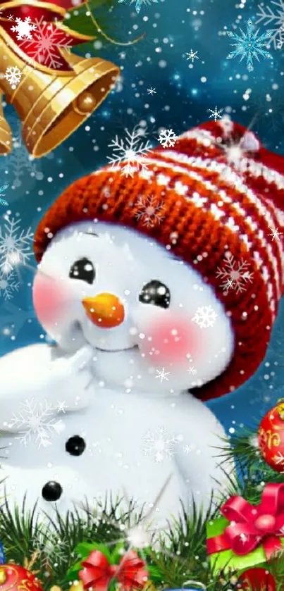 Cheerful snowman with ornaments and festive decorations.