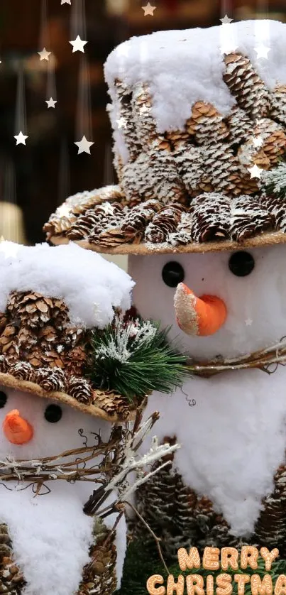Rustic snowman with pinecones and festive decor, perfect mobile wallpaper.