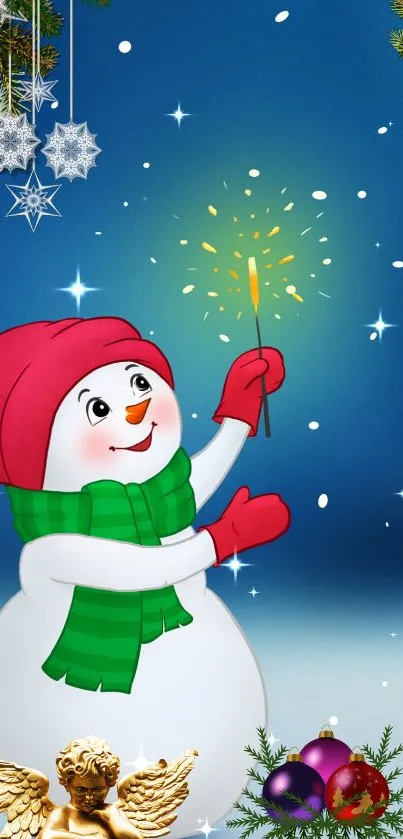 Charming snowman in winter setting with festive decorations and stars.