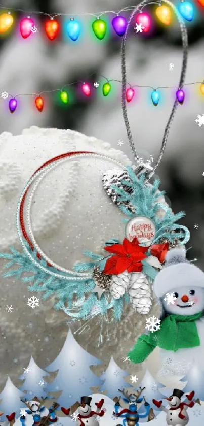Snowman with Christmas lights and snow background.