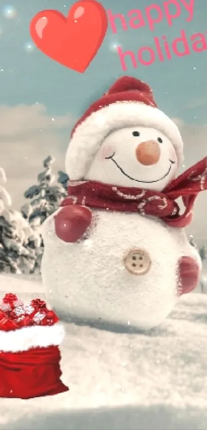 Cheerful snowman in a snowy winter landscape with holiday greetings.