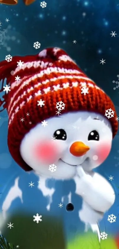 Cheerful snowman with festive hat and Christmas decorations on a dark blue background.