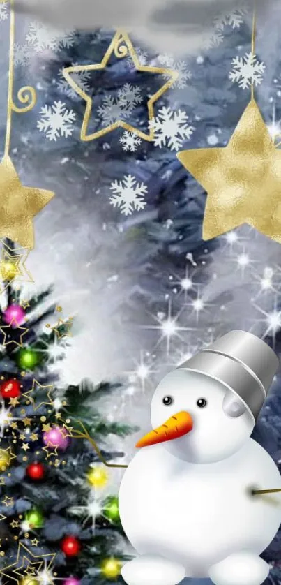 Snowman with Christmas tree and golden stars in winter scene.