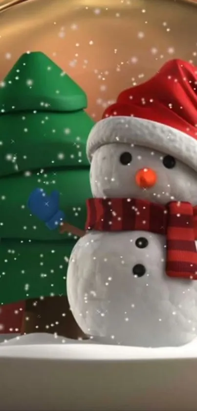 Festive snowman with Santa hat and Christmas tree background.