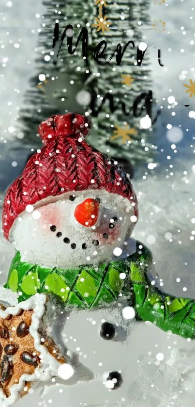 Snowman with 'Merry Xmas' in a snowy holiday setting.