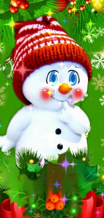 Festive snowman with Christmas decorations on green background.