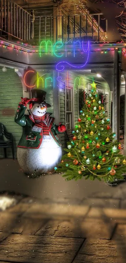 Snowman and Christmas tree with festive lights.