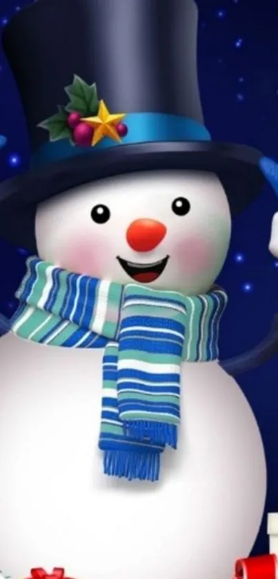 Festive snowman with gifts and snowflakes on a blue background.